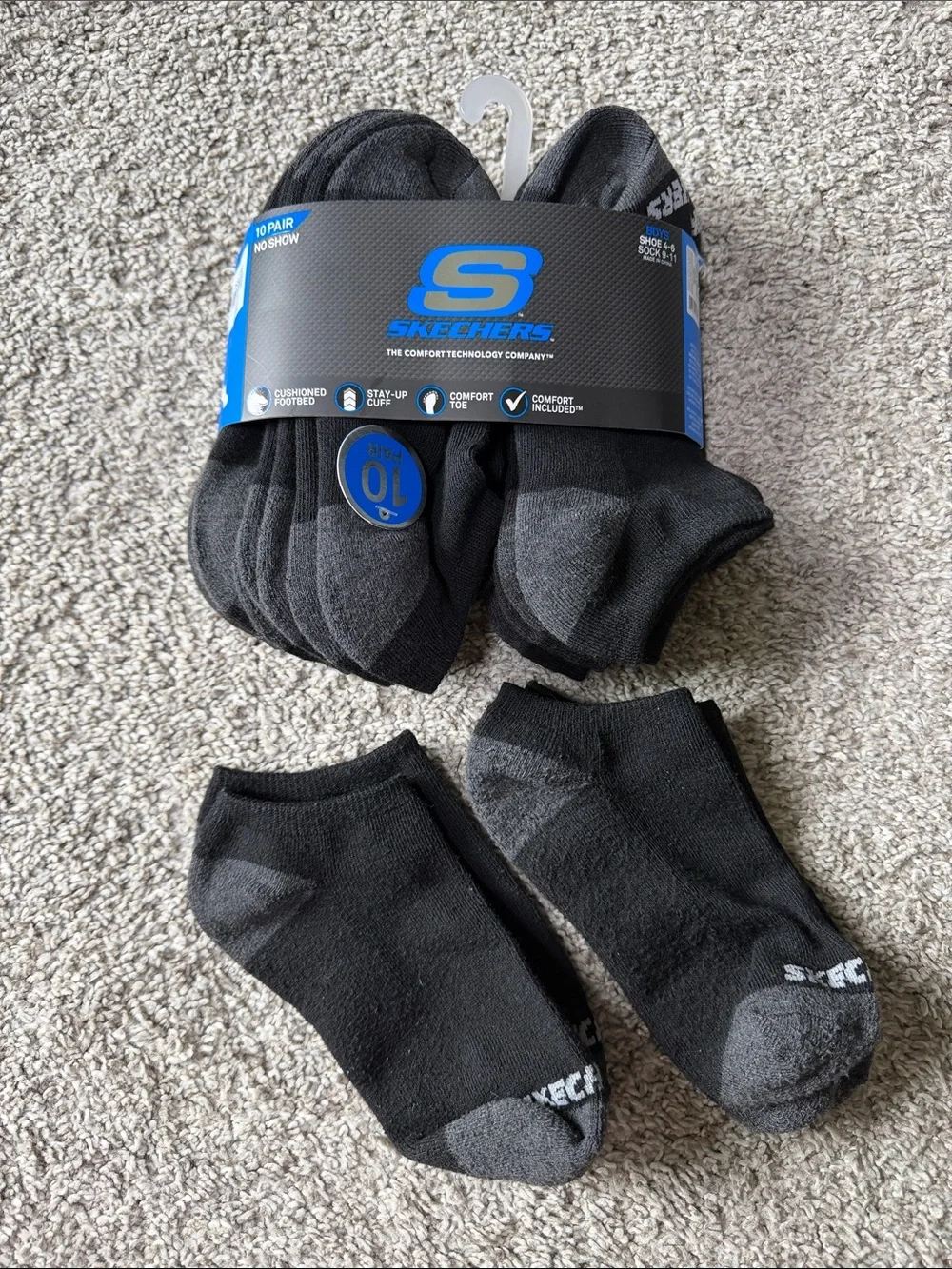Skechers Boy’s No-Show Athletic Socks in Black and Charcoal